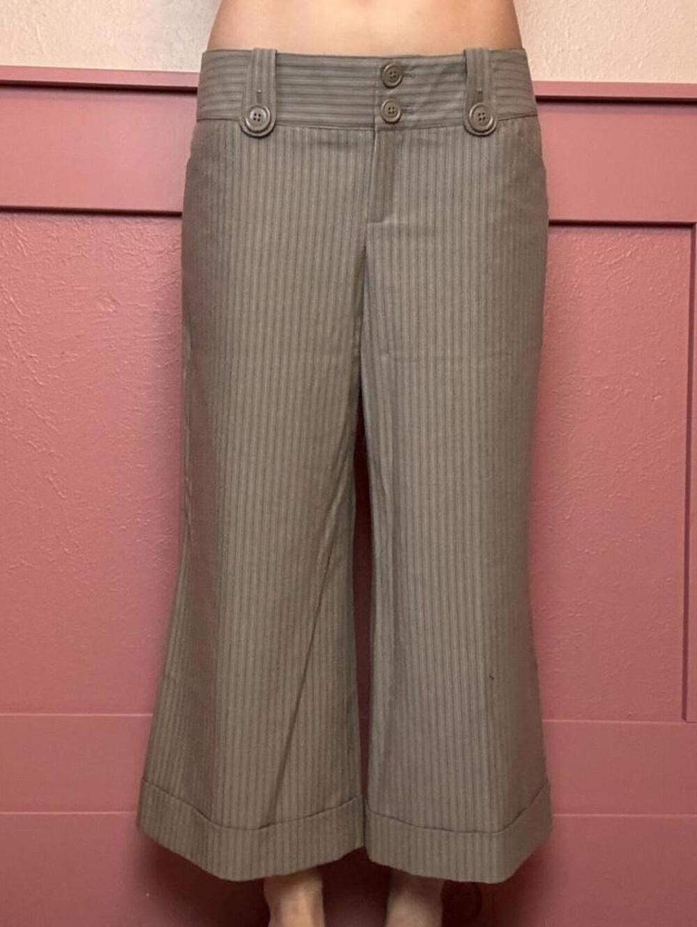 Express y2k low rise pinstripe editor pants sz 10 tan cropped wide leg buttons